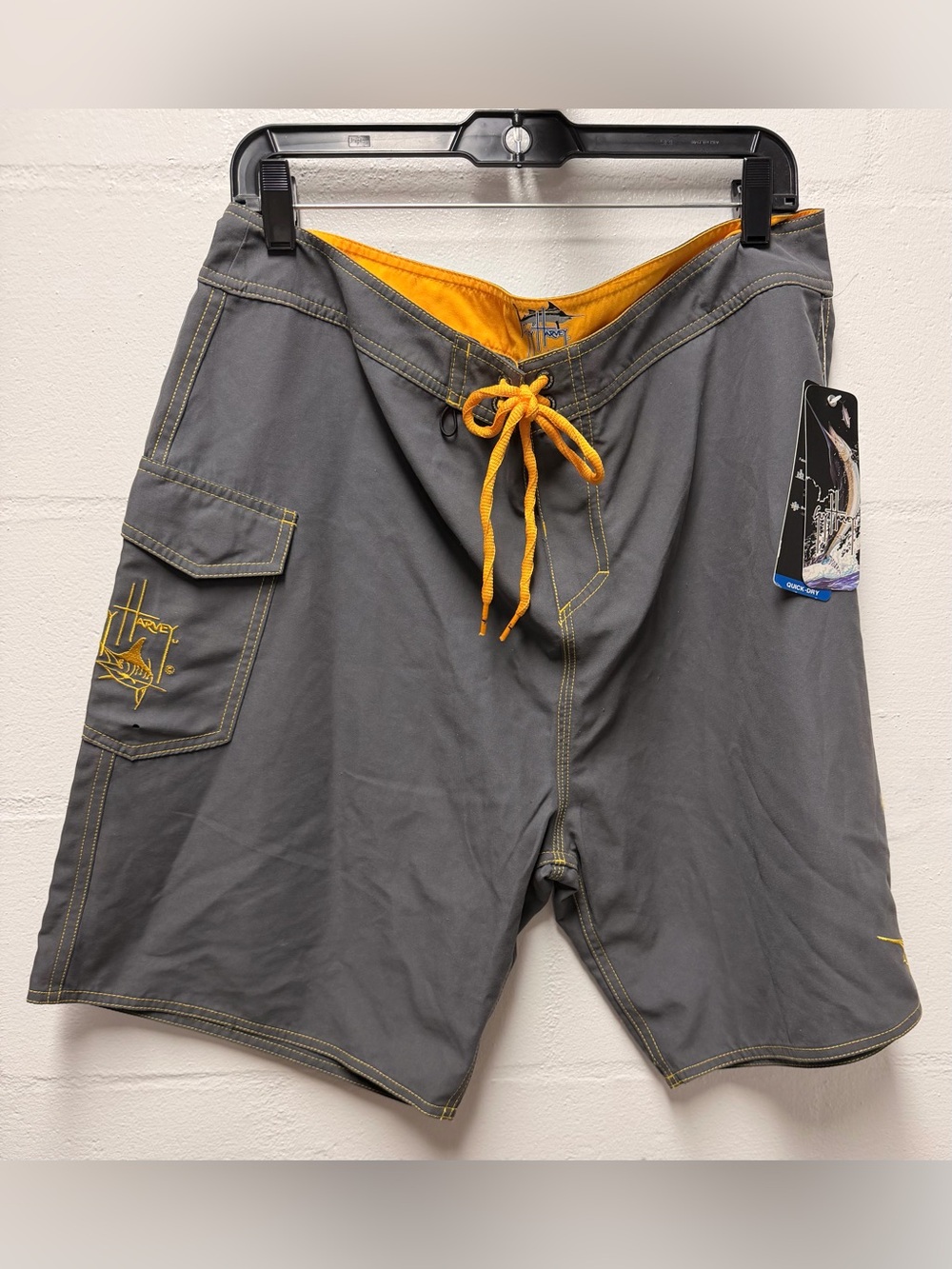 Guy Harvey Gray Swim Trunks with Yellow Accents